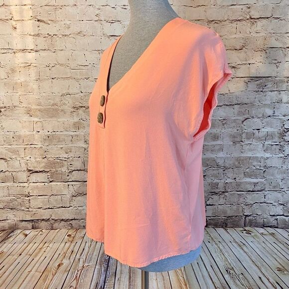 Lascana Womens Blouse Top Short Sleeve V Neck Abalone Button Coral Orange 10 - Picture 3 of 8